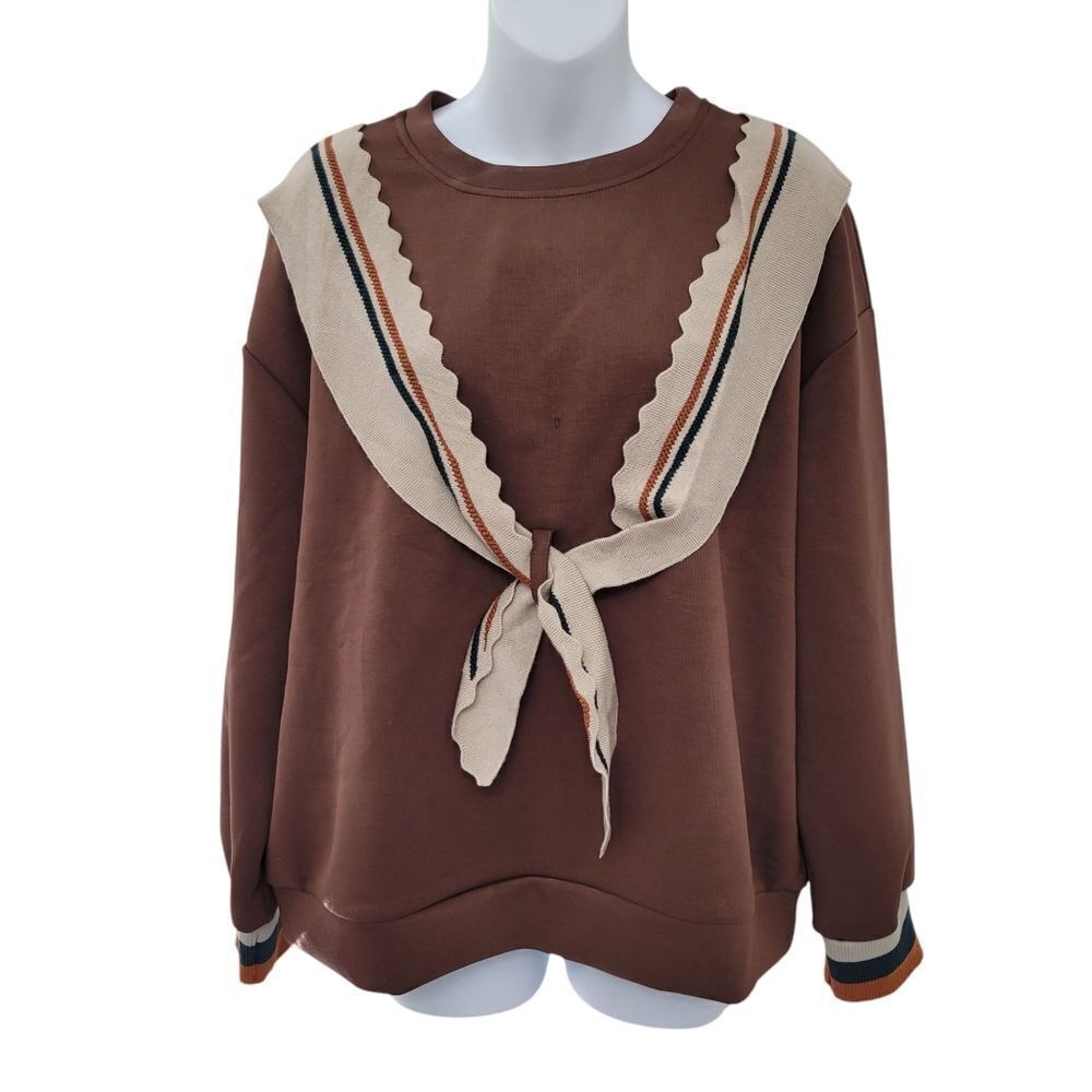 Vintage Brown Sweatshirt with Cream Sailor Collar Accent